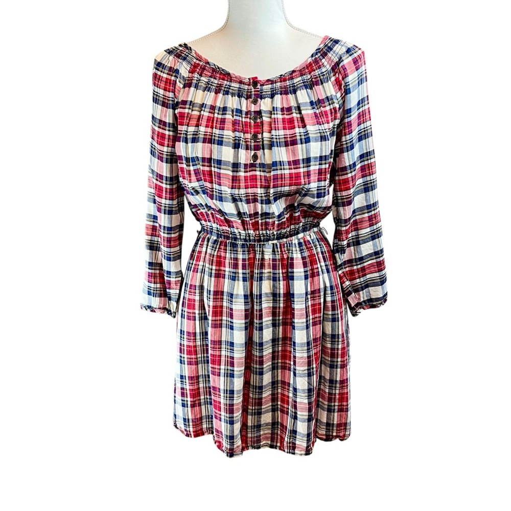 FOREVER 21 Red White Blue Plaid Cotton Dress Sz L Long Sleeve Coastal Preppy USA - Picture 1 of 11